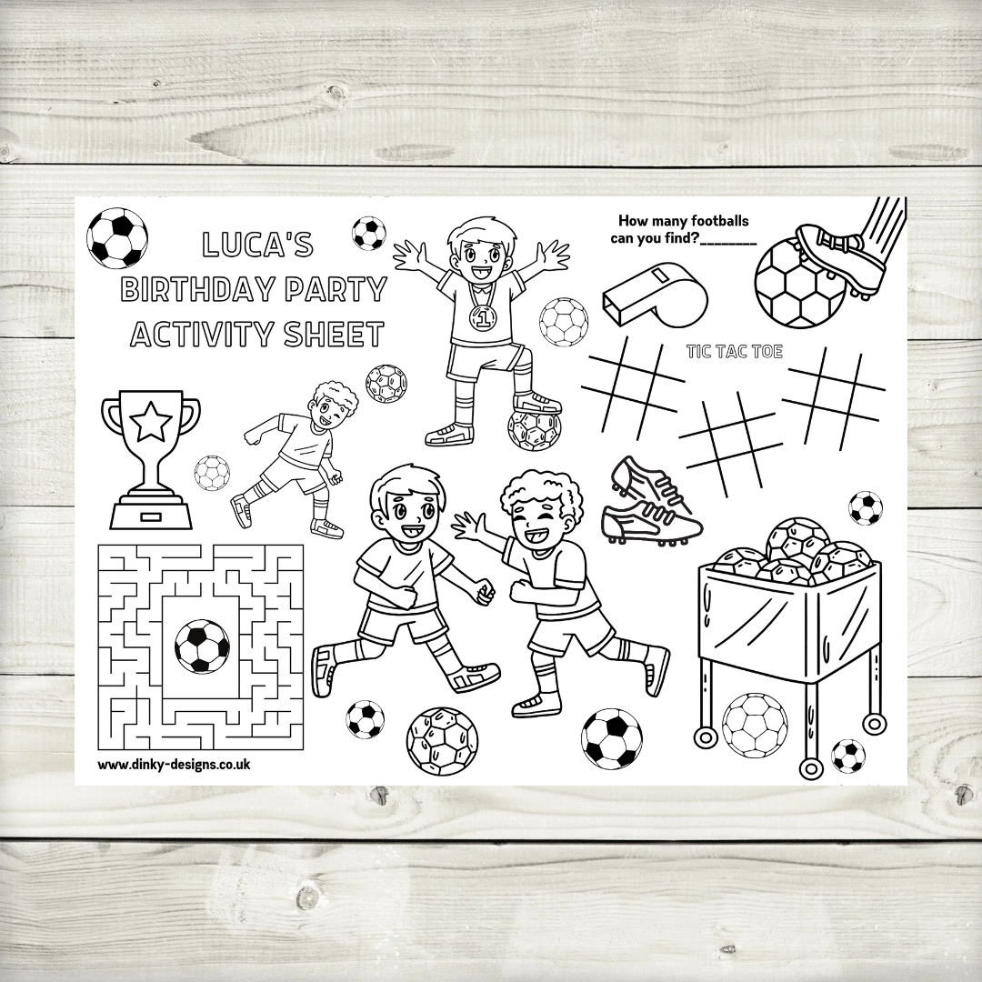 A4 Colouring Activity Sheets | Personalised Boys Football Activity Sheets | Party Bag Favours | Party Placemats