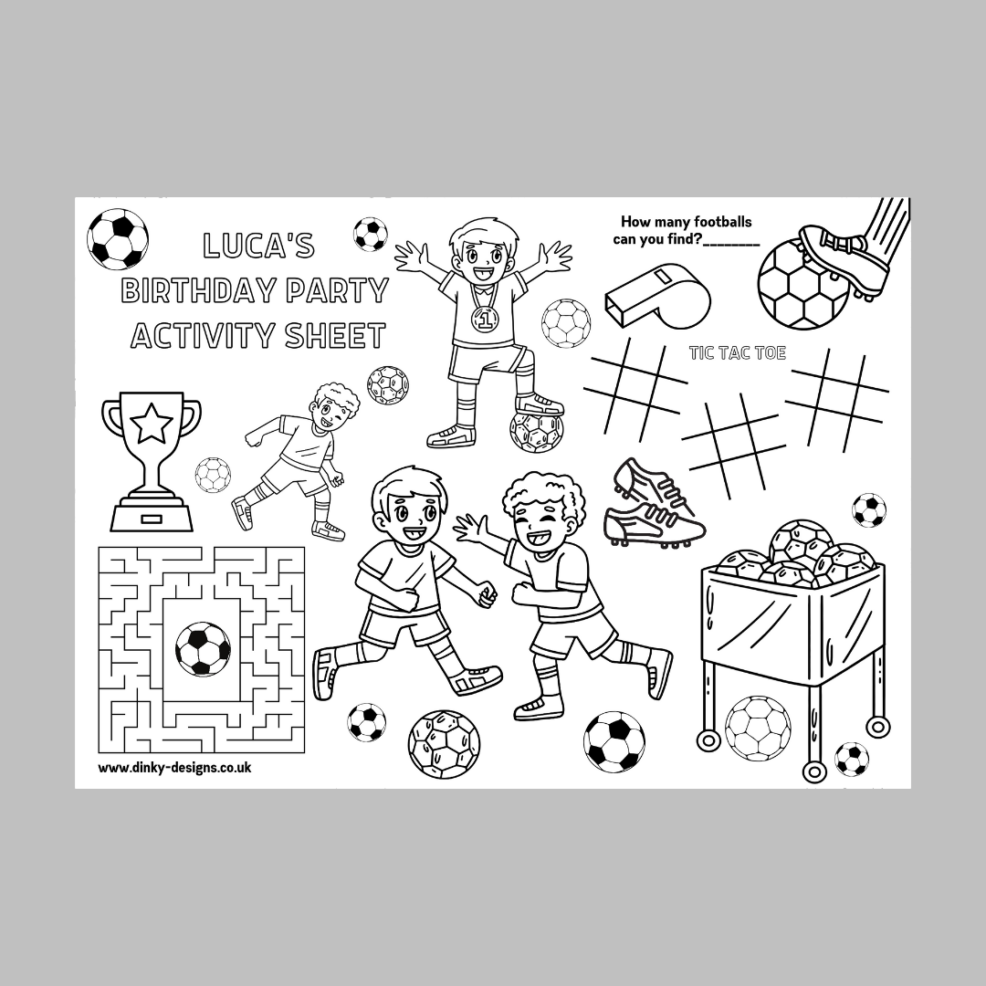 A4 Colouring Activity Sheets | Personalised Boys Football Activity Sheets | Party Bag Favours | Party Placemats