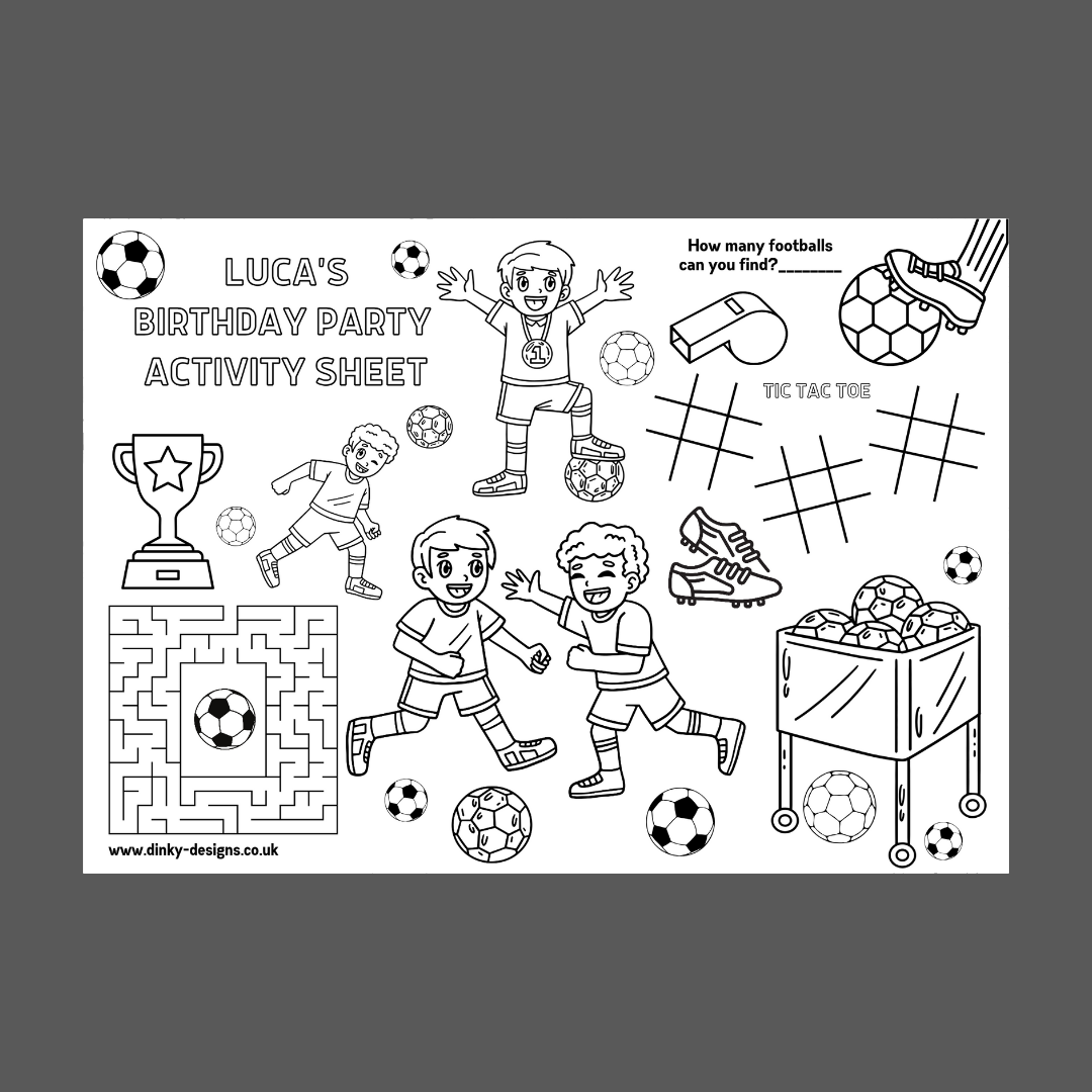 A4 Colouring Activity Sheets | Personalised Boys Football Activity Sheets | Party Bag Favours | Party Placemats