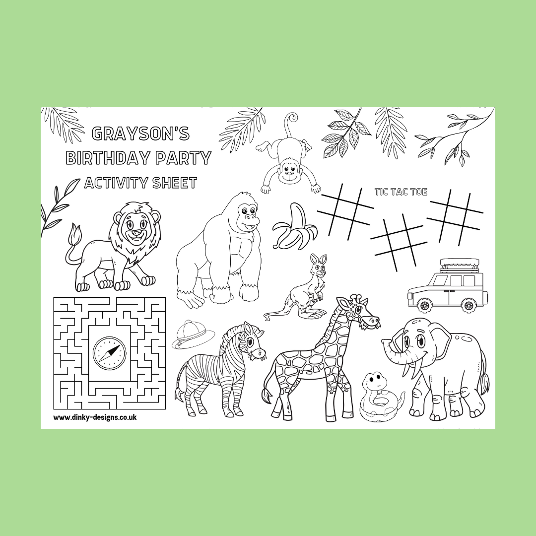 A4 Colouring Activity Sheets | Personalised Safari Jungle Zoo Activity Sheets | Party Bag Favours | Party Placemats