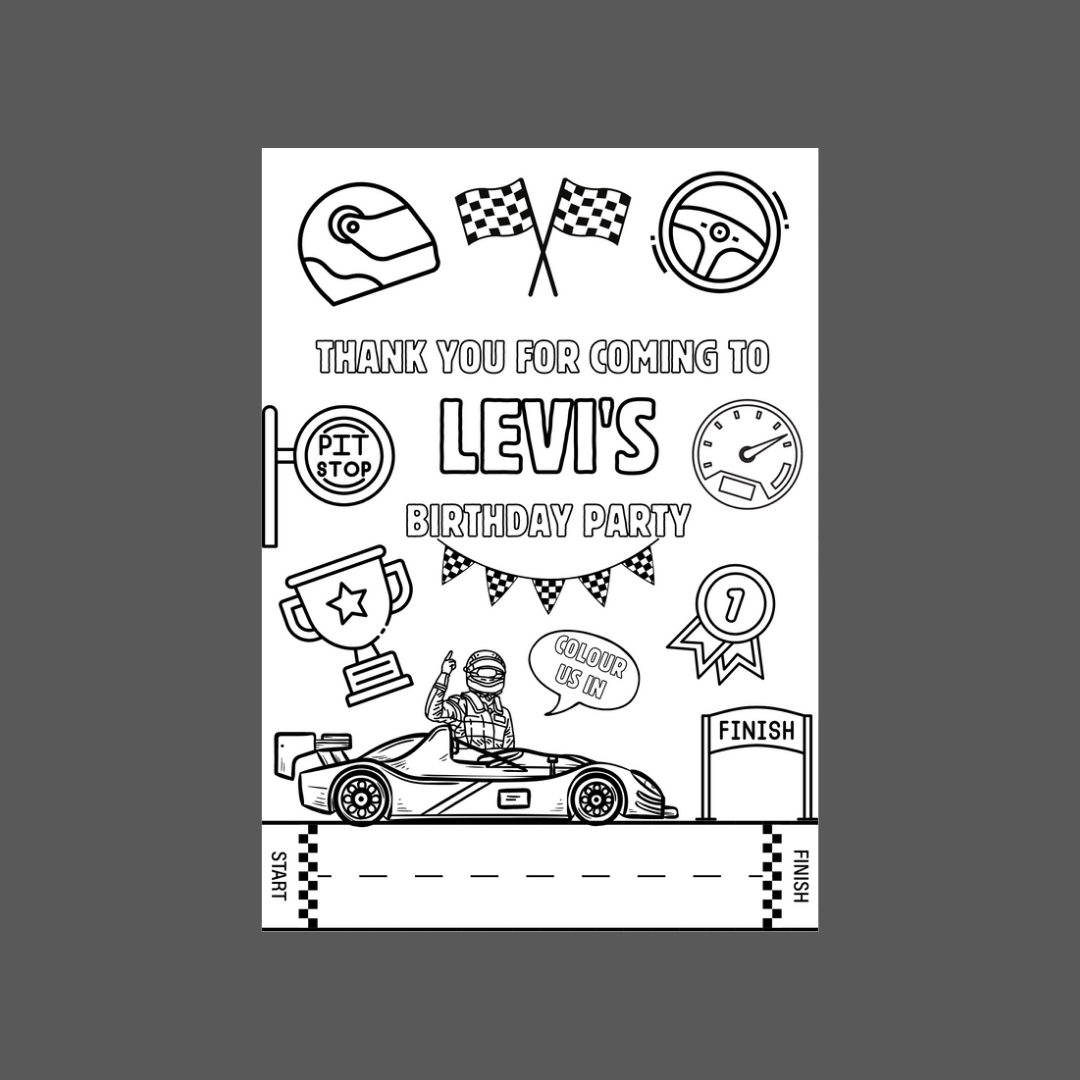 A6 Colouring Sheets | Personalised Racing Car Colouring Sheets | Party Bag Favours