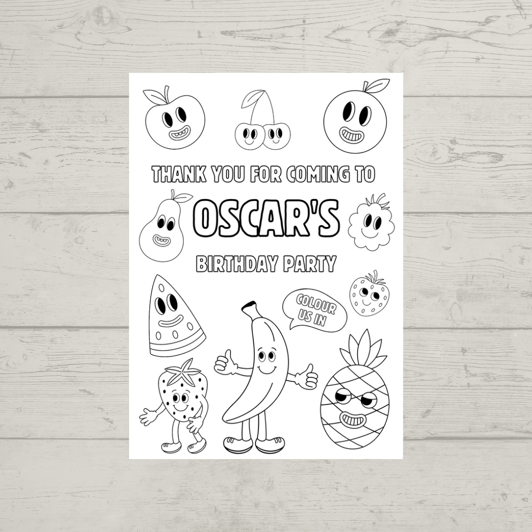 A6 Colouring Sheets | Personalised Fruit Colouring Sheets | Party Bag Favours