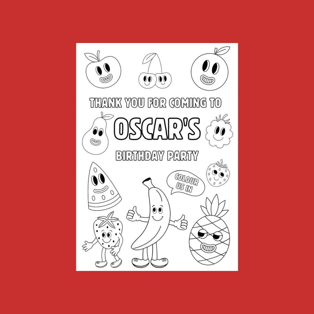 A6 Colouring Sheets | Personalised Fruit Colouring Sheets | Party Bag Favours
