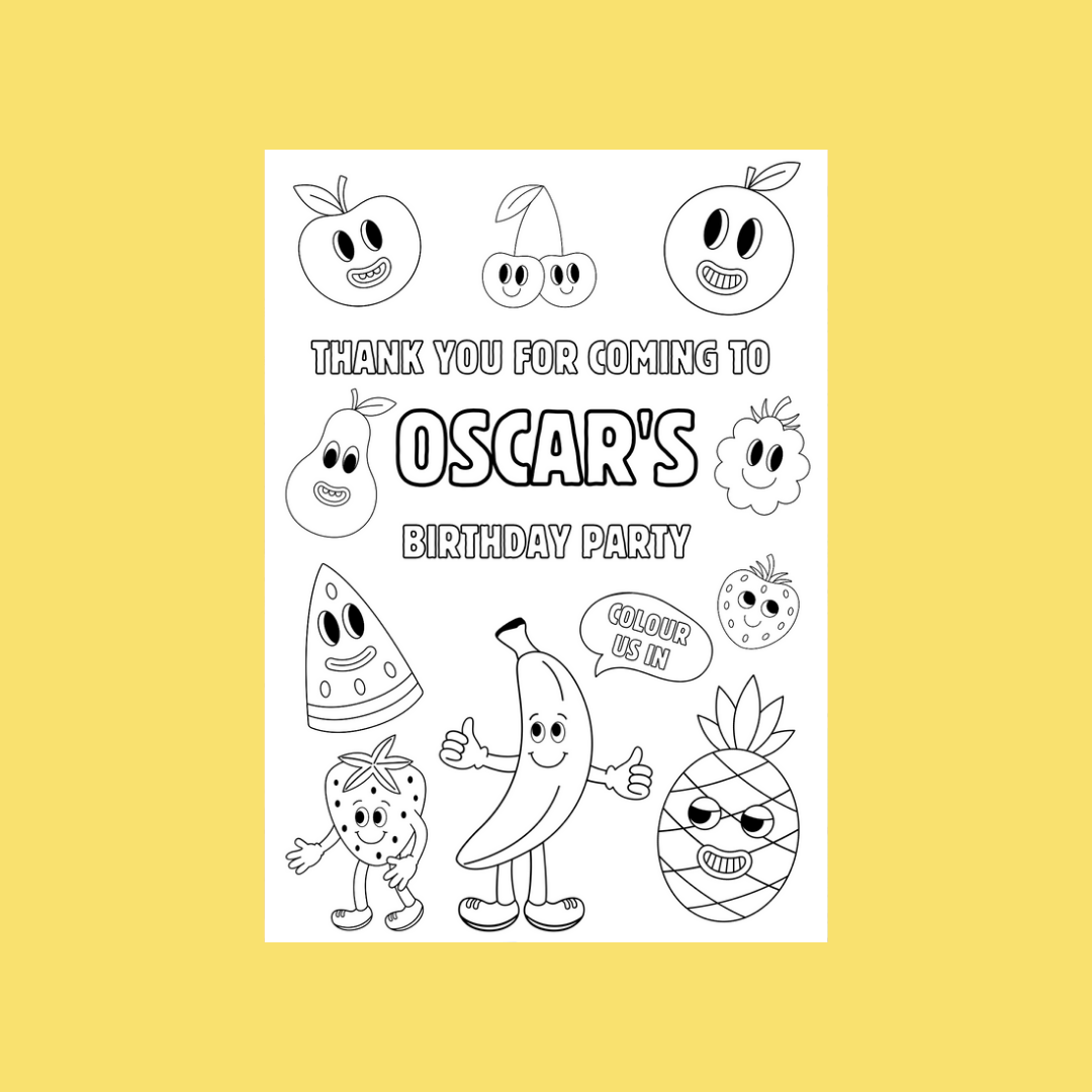 A6 Colouring Sheets | Personalised Fruit Colouring Sheets | Party Bag Favours