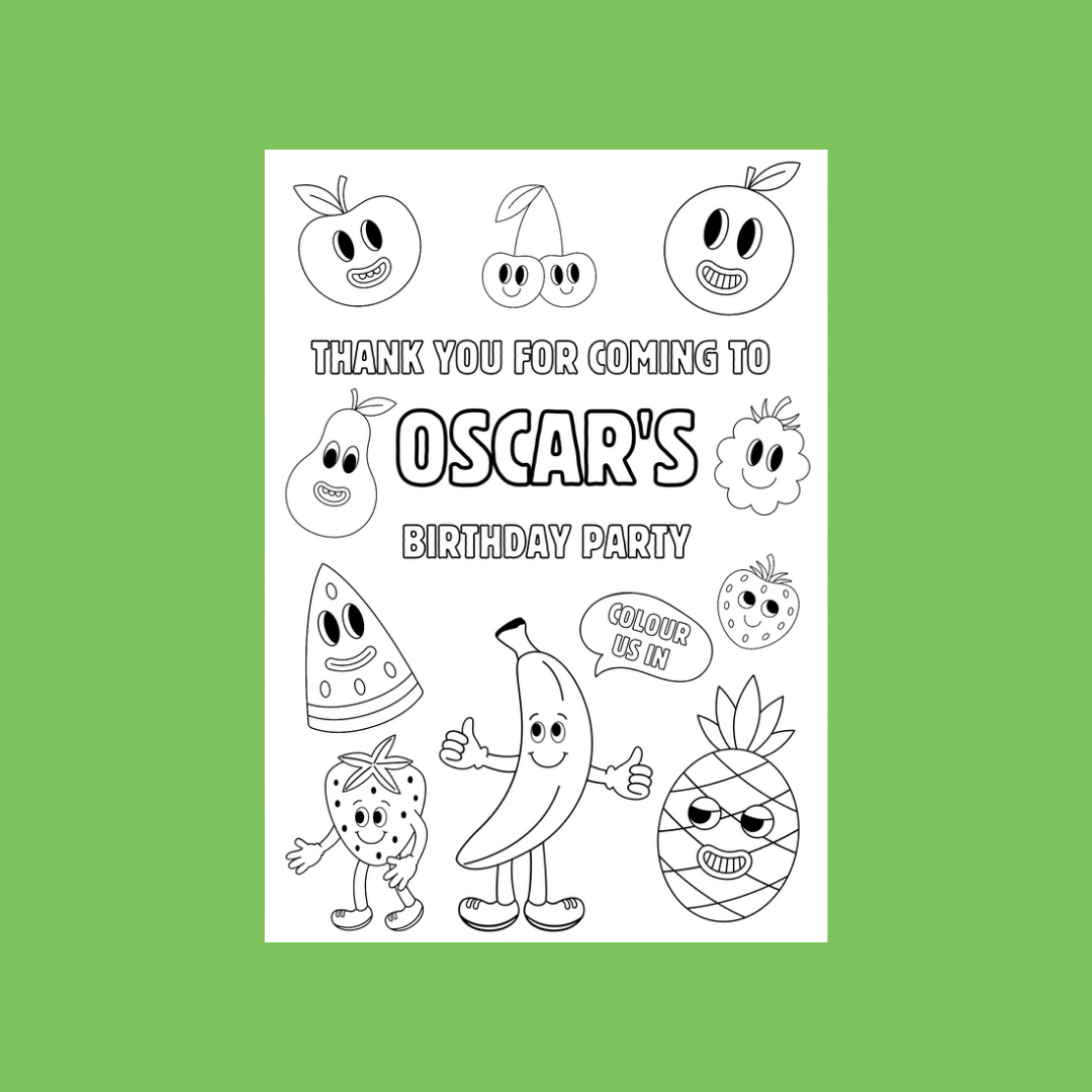 A6 Colouring Sheets | Personalised Fruit Colouring Sheets | Party Bag Favours