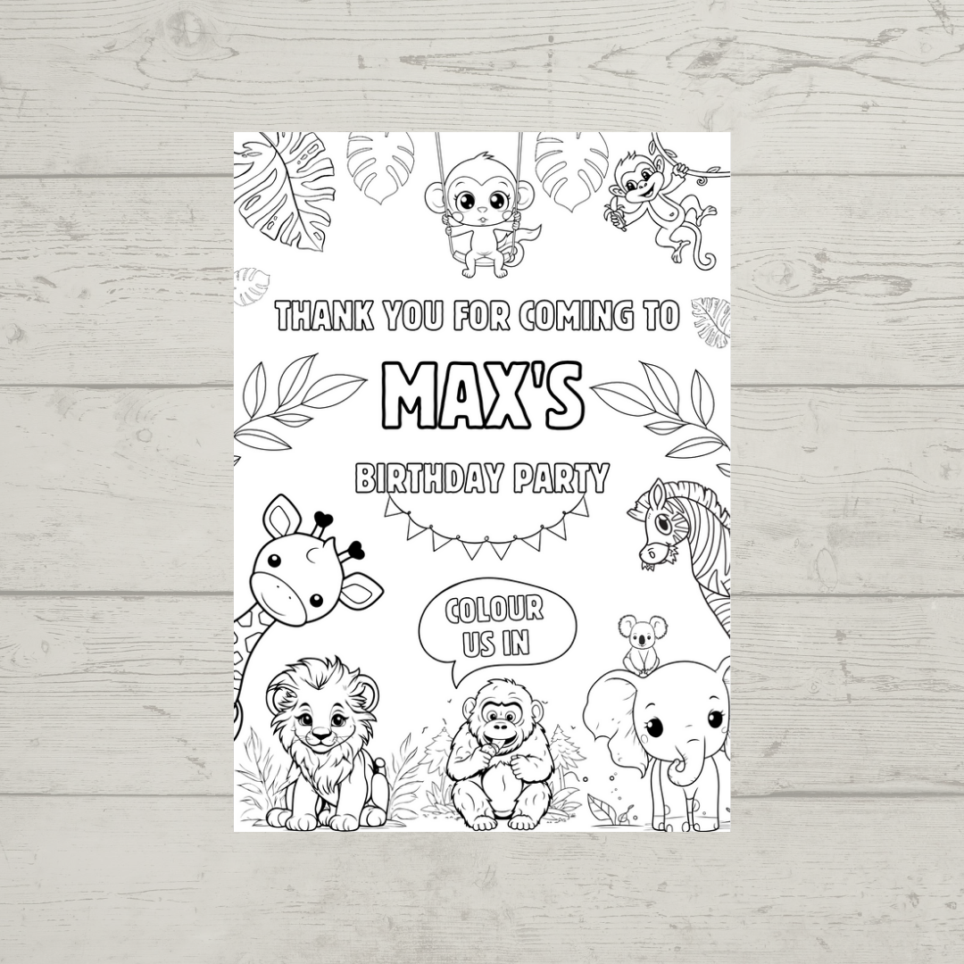 A6 Colouring Sheets | Personalised Safari Zoo Jungle Colouring Sheets | Party Bag Favours