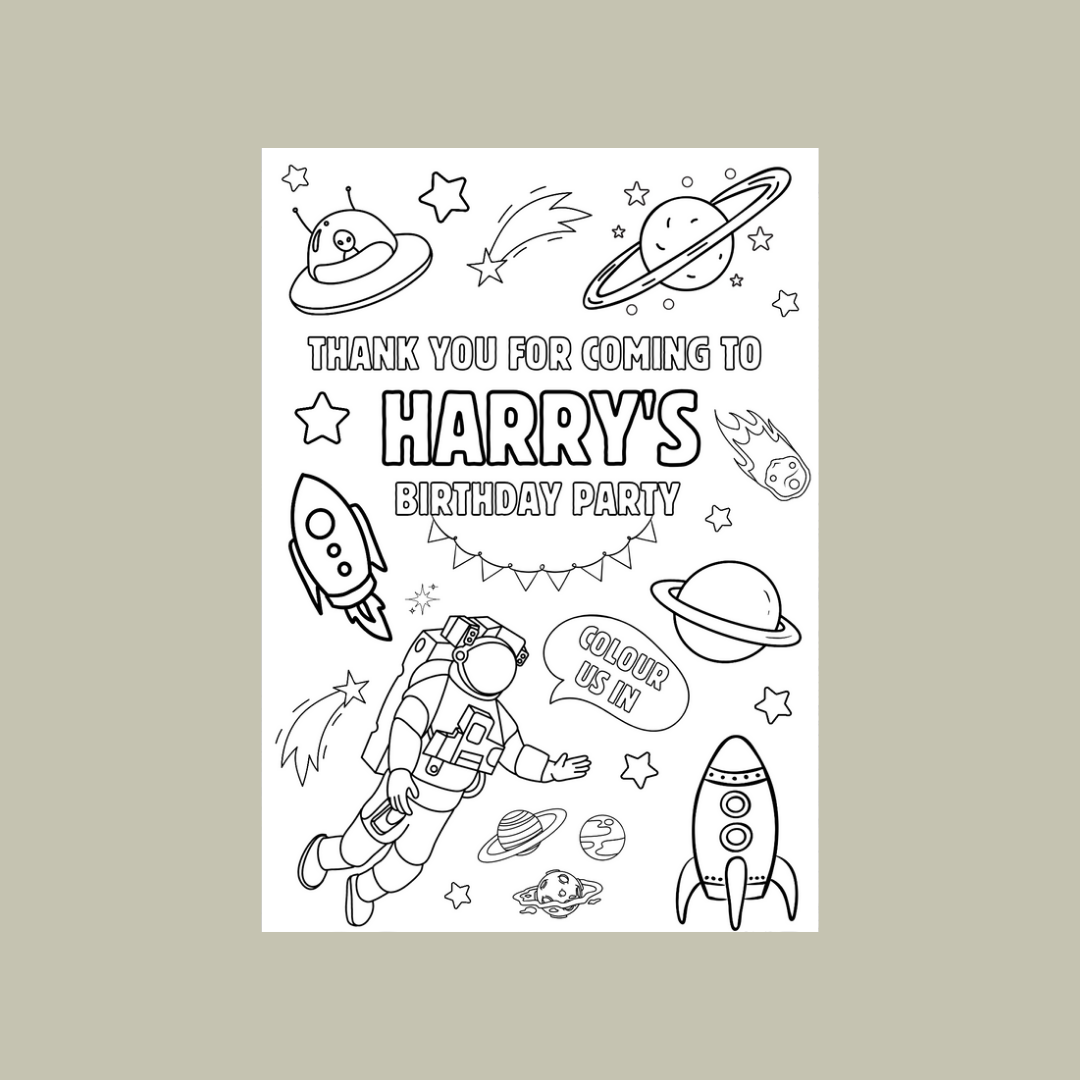 A6 Colouring Sheets | Personalised Space Colouring Sheets | Party Bag Favours | Design 2