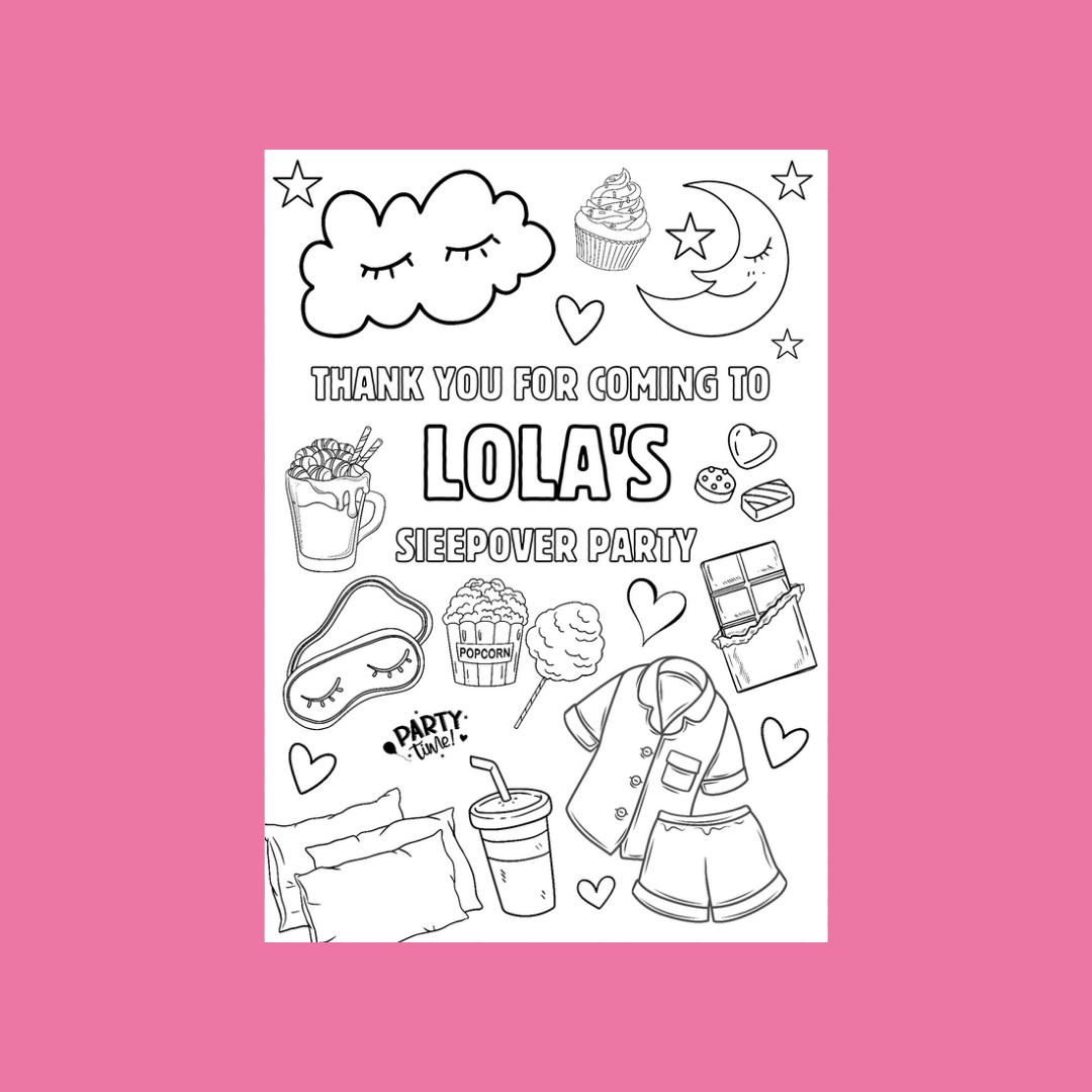 A6 Colouring Sheets | Personalised Sleepover Slumber Party Colouring Sheets | Party Bag Favours