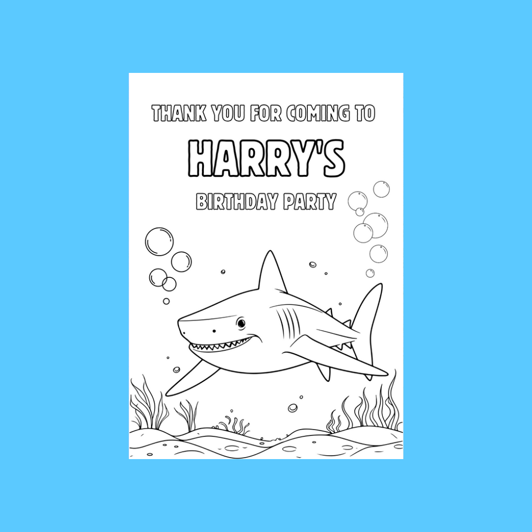 A6 Colouring Sheets | Personalised Shark Colouring Sheets | Party Bag Favours | Design 1