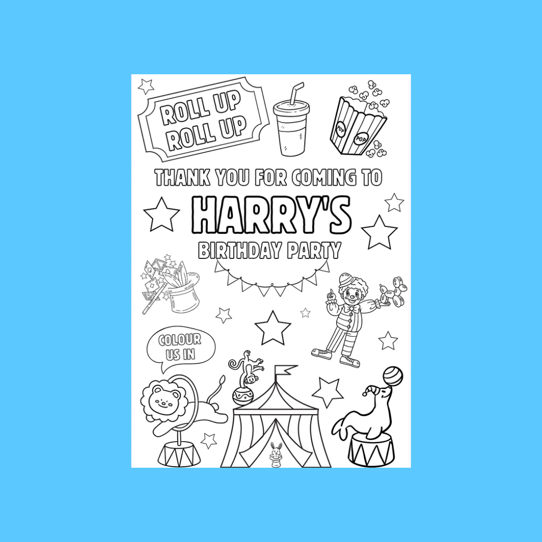 A6 Colouring Sheets | Personalised Circus Colouring Sheets | Party Bag Favours