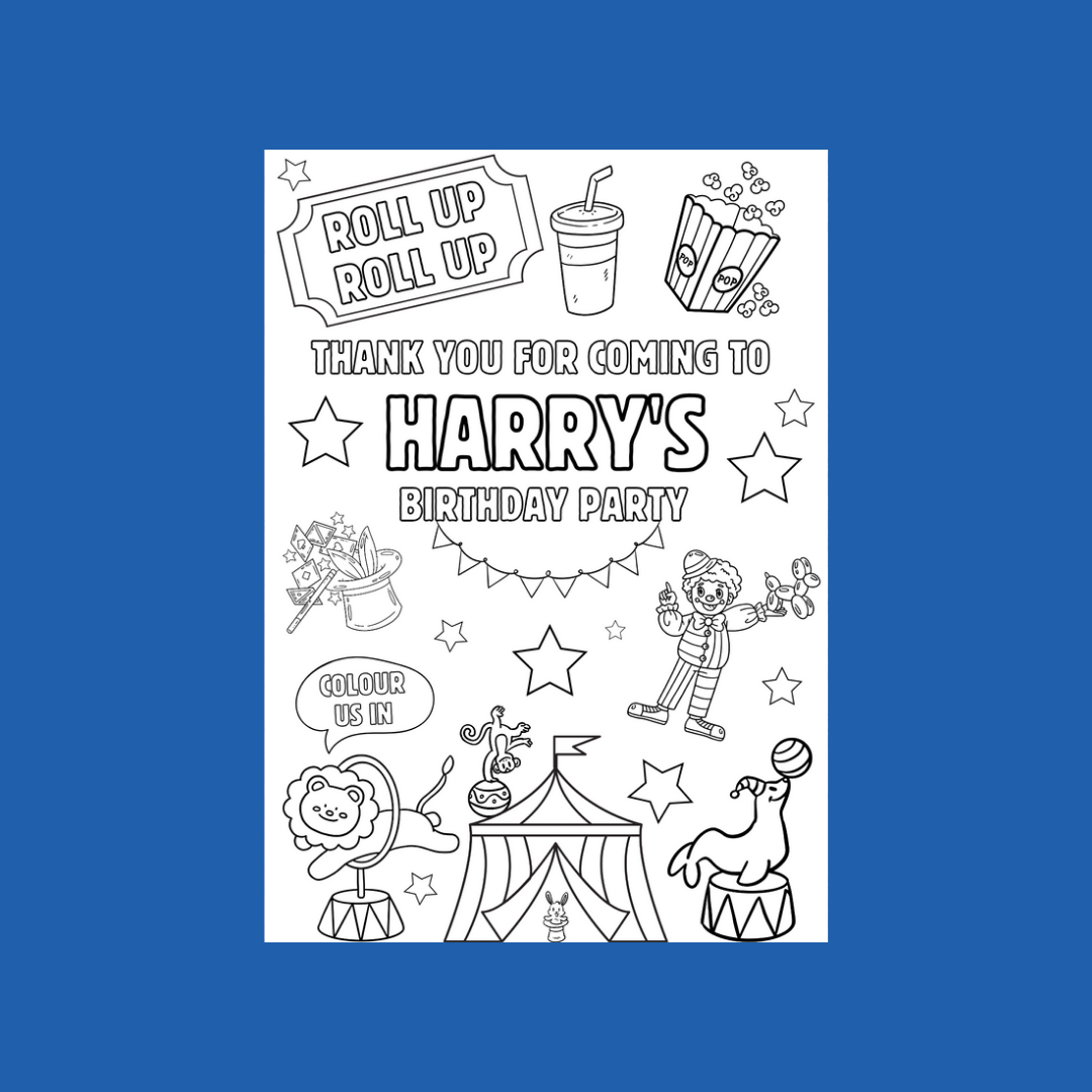 A6 Colouring Sheets | Personalised Circus Colouring Sheets | Party Bag Favours