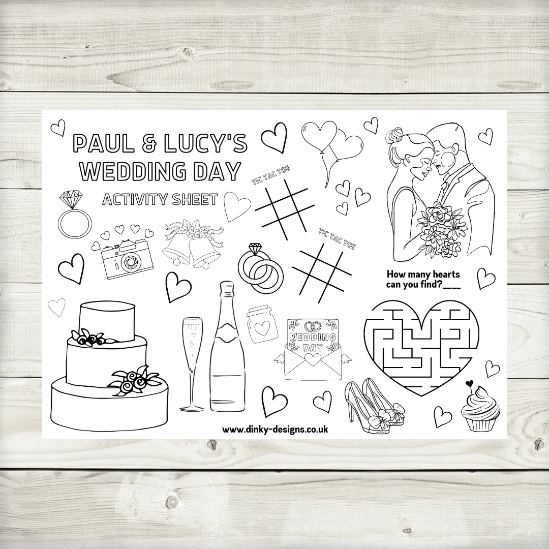 A4 Colouring Activity Sheets | Personalised Wedding Activity Sheets | Party Favours | Party Placemats (Design 2)