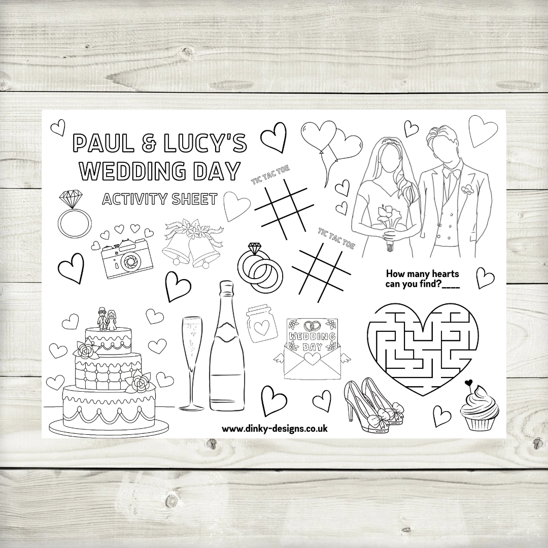 A4 Colouring Activity Sheets | Personalised Wedding Activity Sheets | Party Favours | Party Placemats (Design 3)
