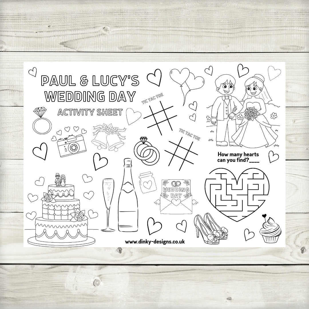 A4 Colouring Activity Sheets | Personalised Wedding Activity Sheets | Party Favours | Party Placemats (Design 4)