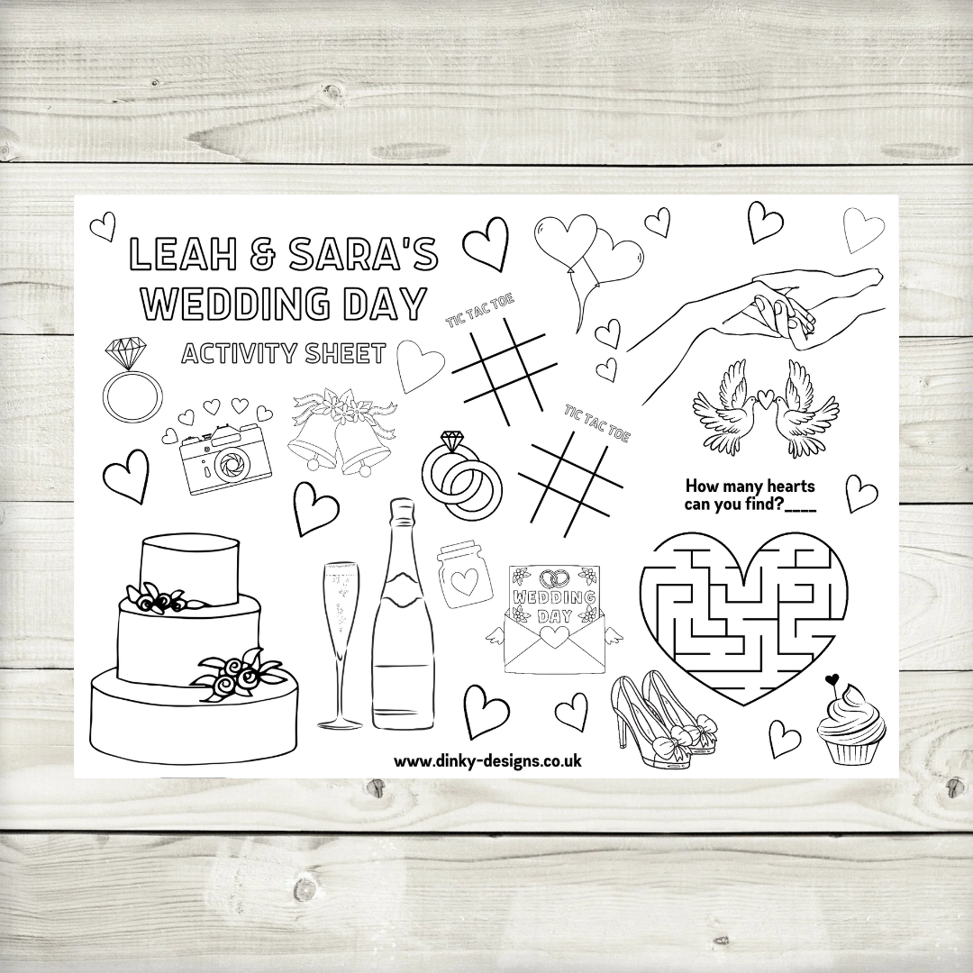 A4 Colouring Activity Sheets | Personalised Wedding Activity Sheets | Party Favours | Party Placemats (Design 5)