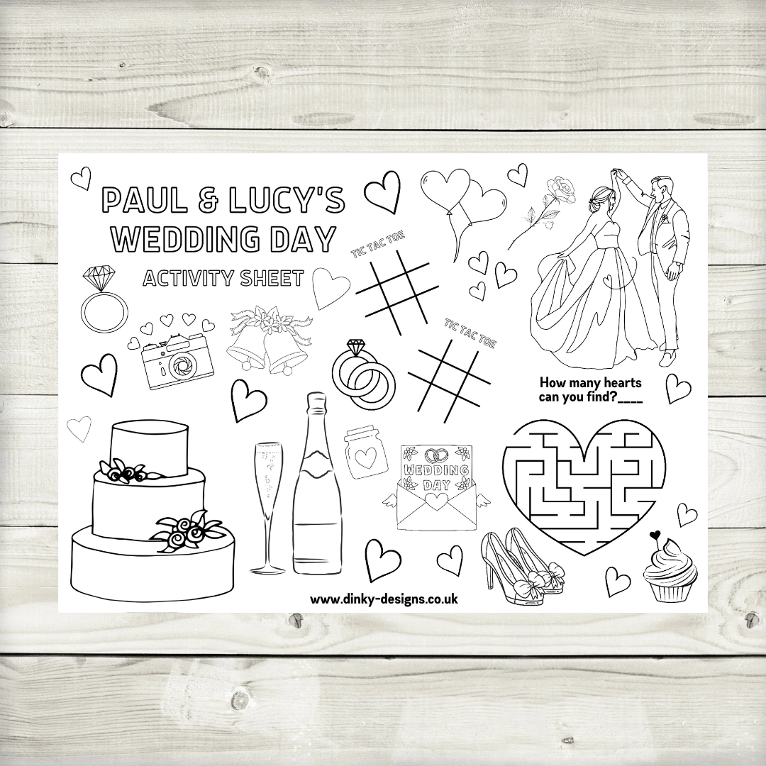 A4 Colouring Activity Sheets | Personalised Wedding Activity Sheets | Party Favours | Party Placemats (Design 1)