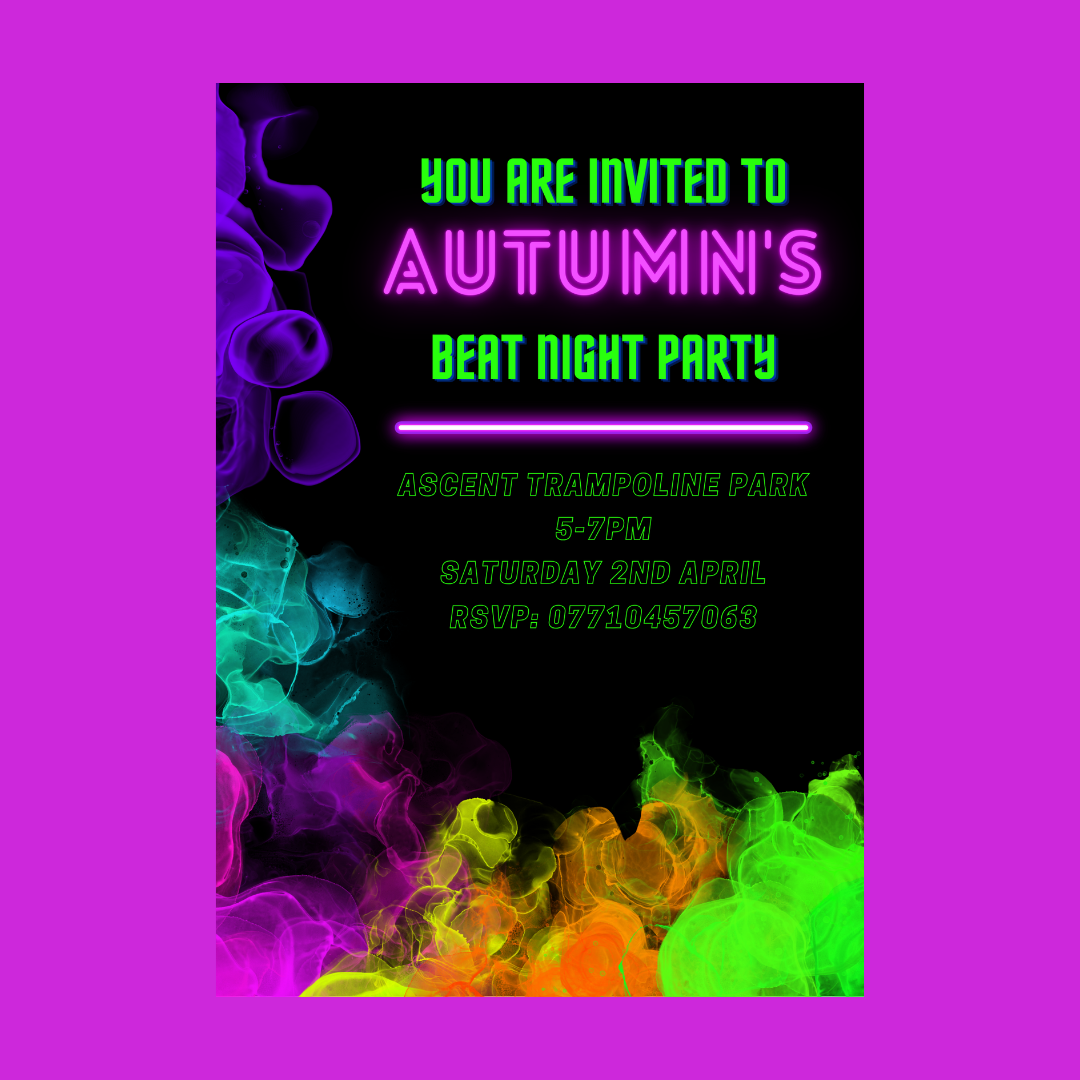 Neon Theme Birthday, Neon Party Invitations | A6 Invites | Neon Theme Invitations | Party Invitations (Design 1)