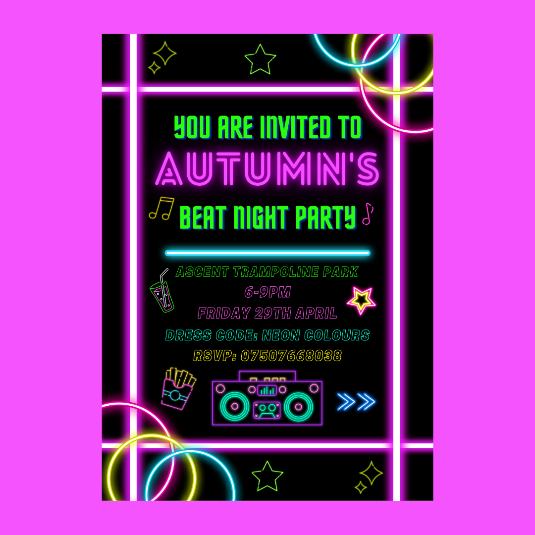 Neon Theme Birthday, Neon Party Invitations | A6 Invites | Neon Theme Invitations | Party Invitations (Design 2)