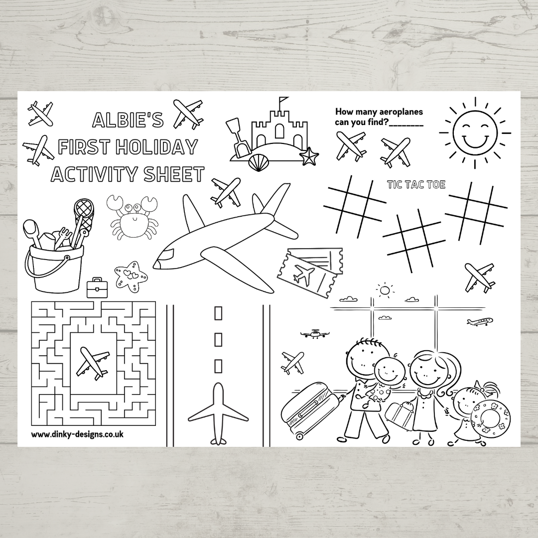 A4 Colouring Activity Sheets | Personalised Airport Holiday Vacation Activity Sheets | Aeroplane Activity