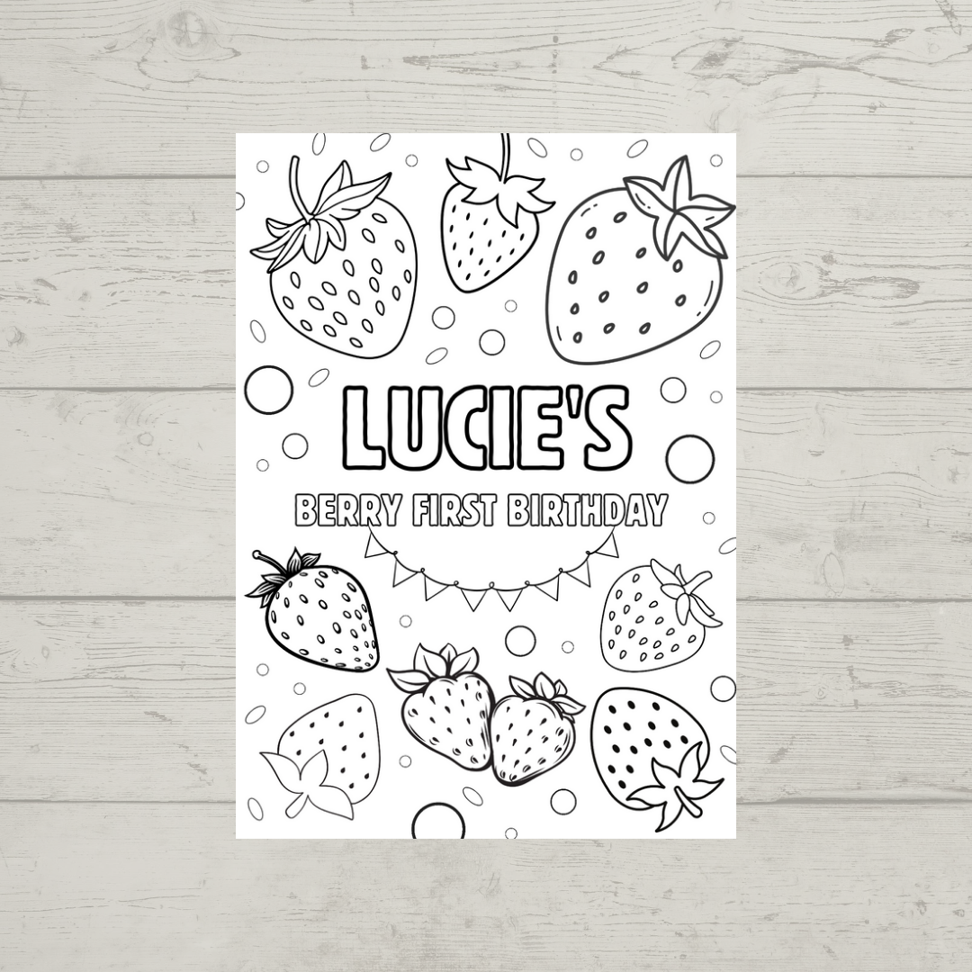 A6 Colouring Sheets | Personalised Strawberry Colouring Sheets | Party Bag Favours