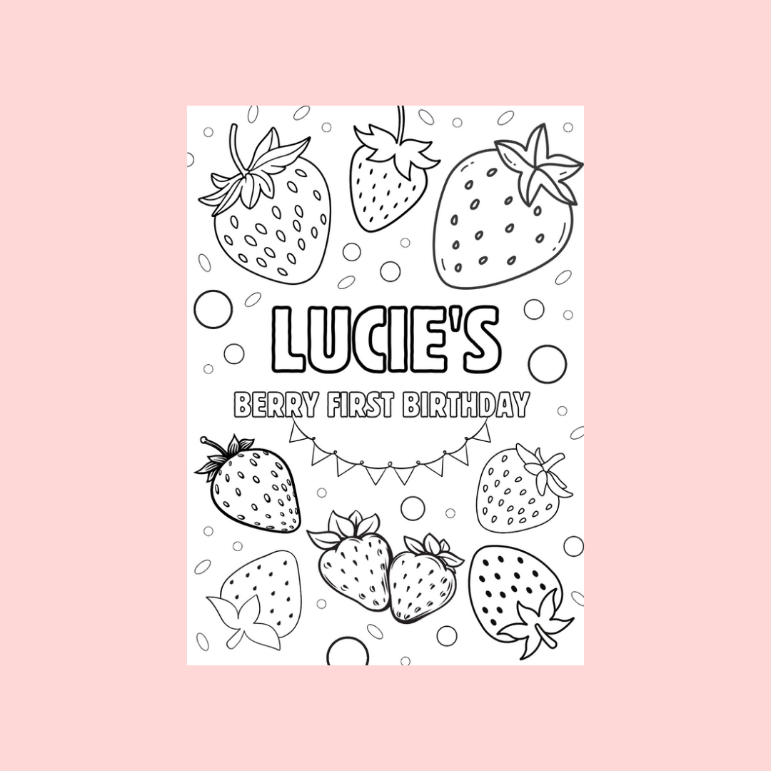 A6 Colouring Sheets | Personalised Strawberry Colouring Sheets | Party Bag Favours