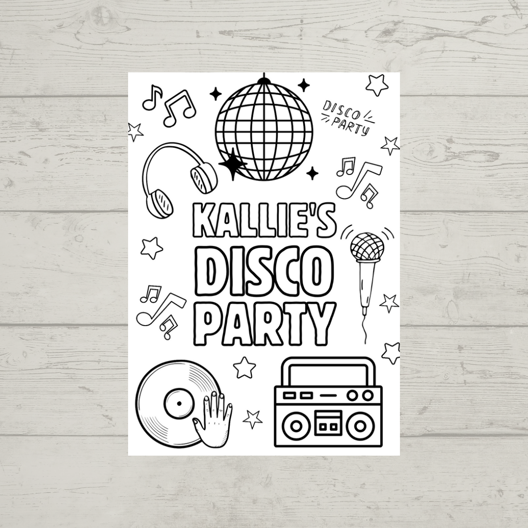 A6 Colouring Sheets | Personalised Disco Colouring Sheets | Party Bag Favours