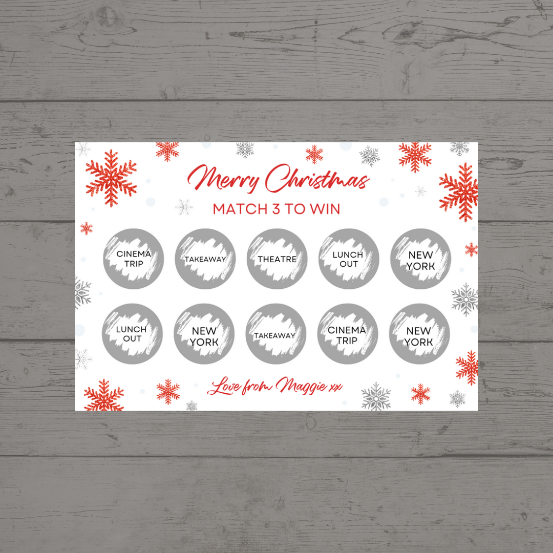 Christmas Surprise Match 3 Ticket Print | Personalised Christmas Ticket | Christmas Fun Scratch Reveal | Gift Idea | Snowflake Design 1