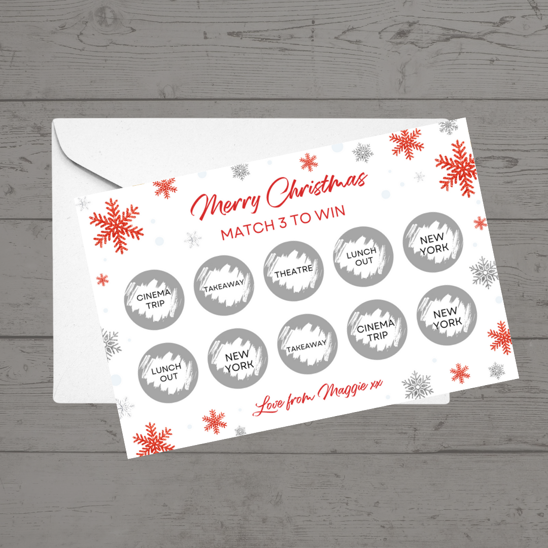 Christmas Surprise Match 3 Ticket Print | Personalised Christmas Ticket | Christmas Fun Scratch Reveal | Gift Idea | Snowflake Design 1