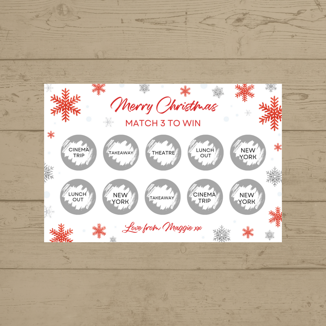 Christmas Surprise Match 3 Ticket Print | Personalised Christmas Ticket | Christmas Fun Scratch Reveal | Gift Idea | Snowflake Design 1