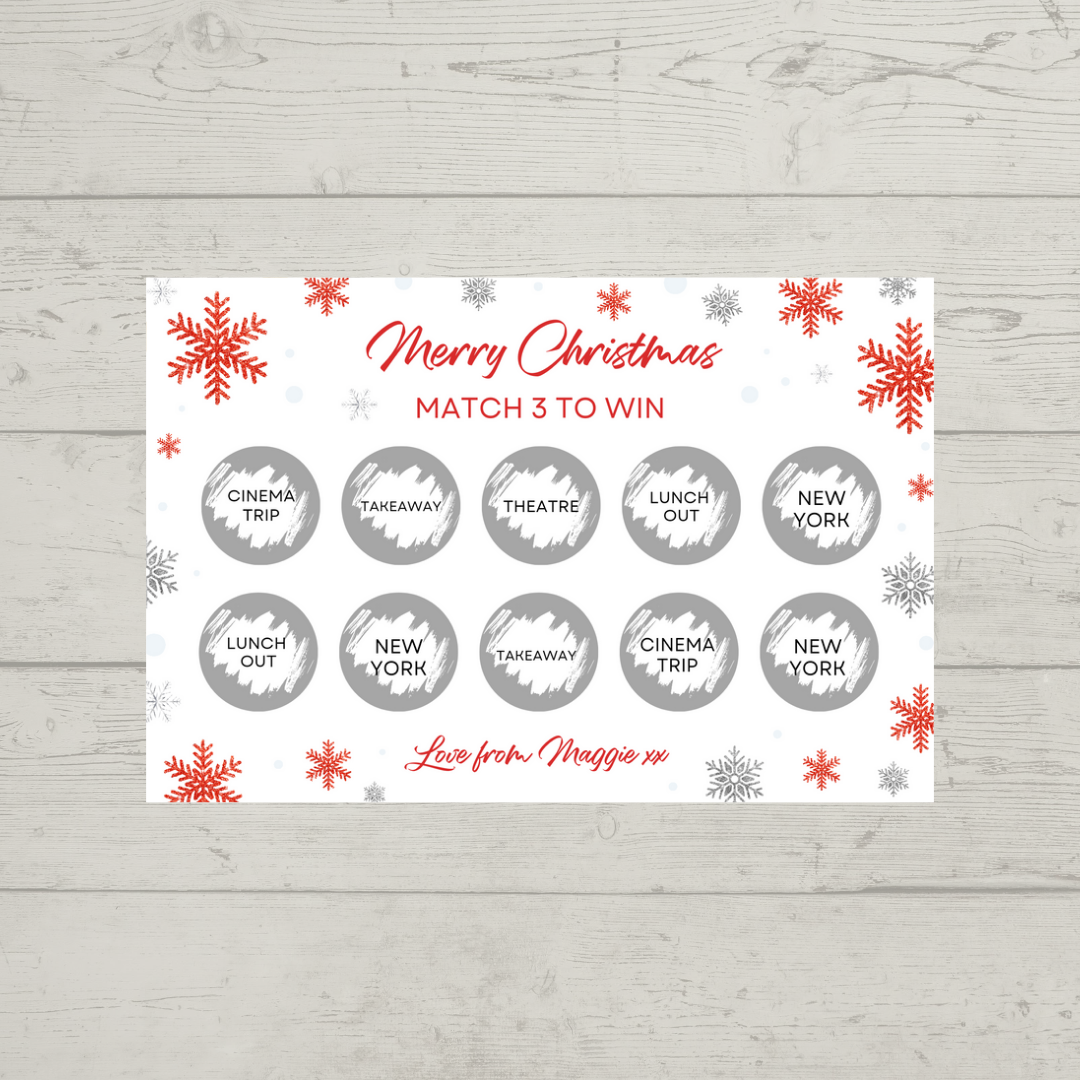 Christmas Surprise Match 3 Ticket Print | Personalised Christmas Ticket | Christmas Fun Scratch Reveal | Gift Idea | Snowflake Design 1