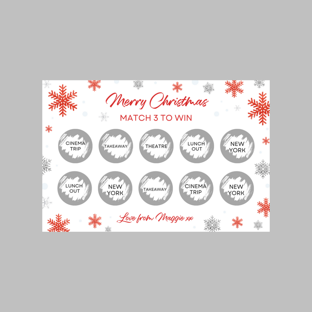 Christmas Surprise Match 3 Ticket Print | Personalised Christmas Ticket | Christmas Fun Scratch Reveal | Gift Idea | Snowflake Design 1