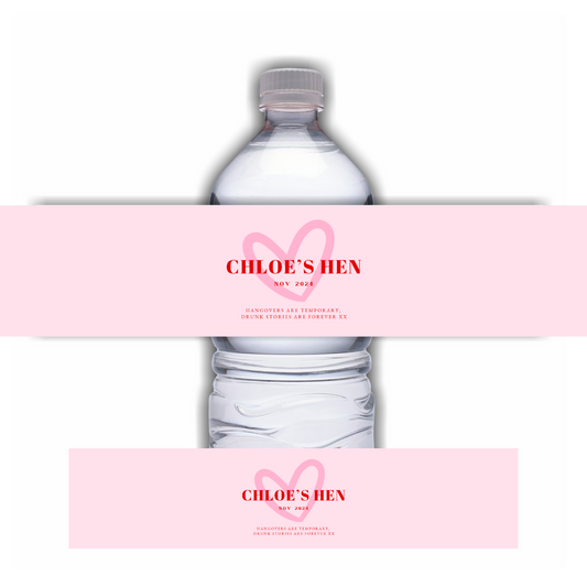 Red Pink Heart Hen Party Water Bottle Labels | Hen Do Stickers | Hen Party Water Labels