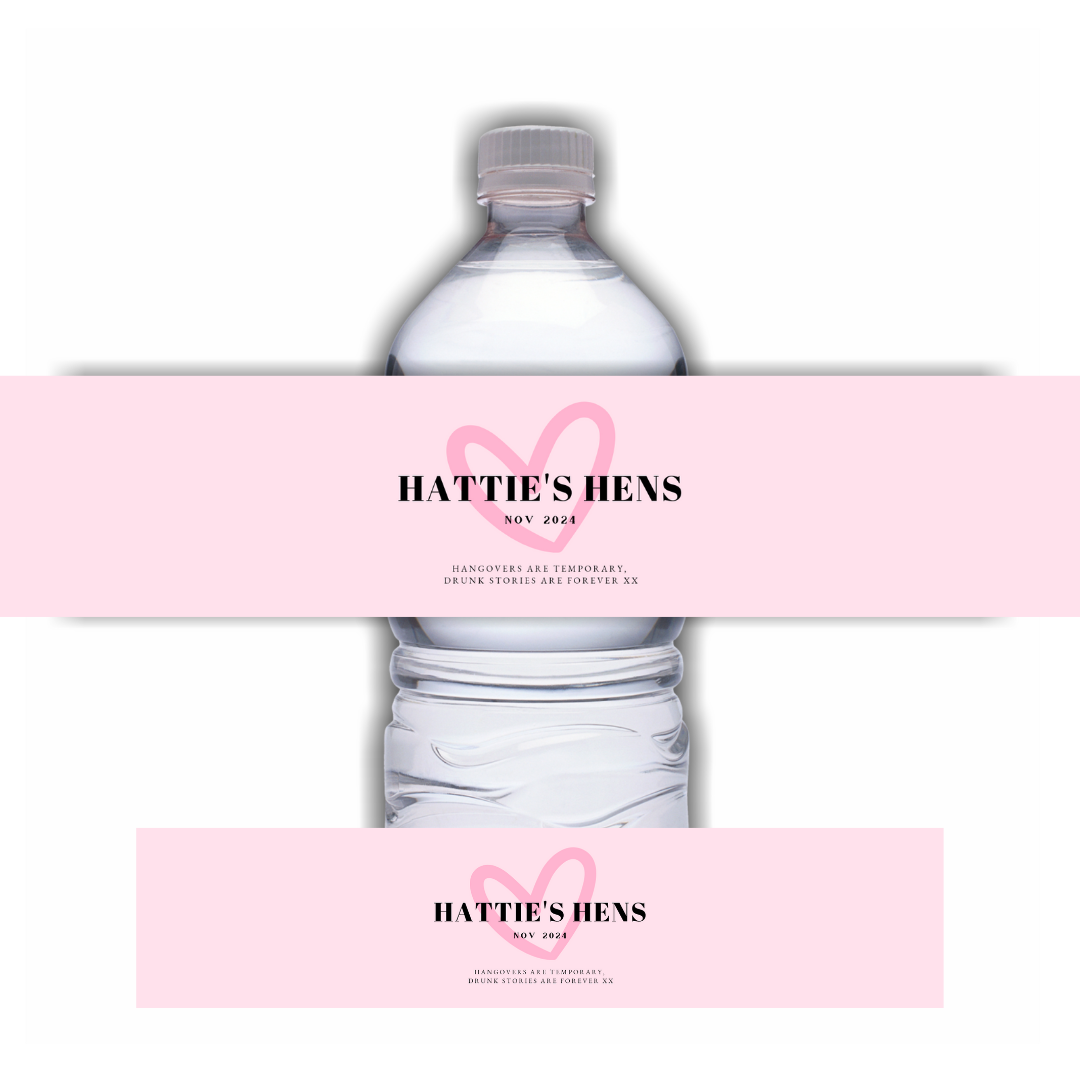Red Black Heart Hen Party Water Bottle Labels | Hen Do Stickers | Hen Party Labels