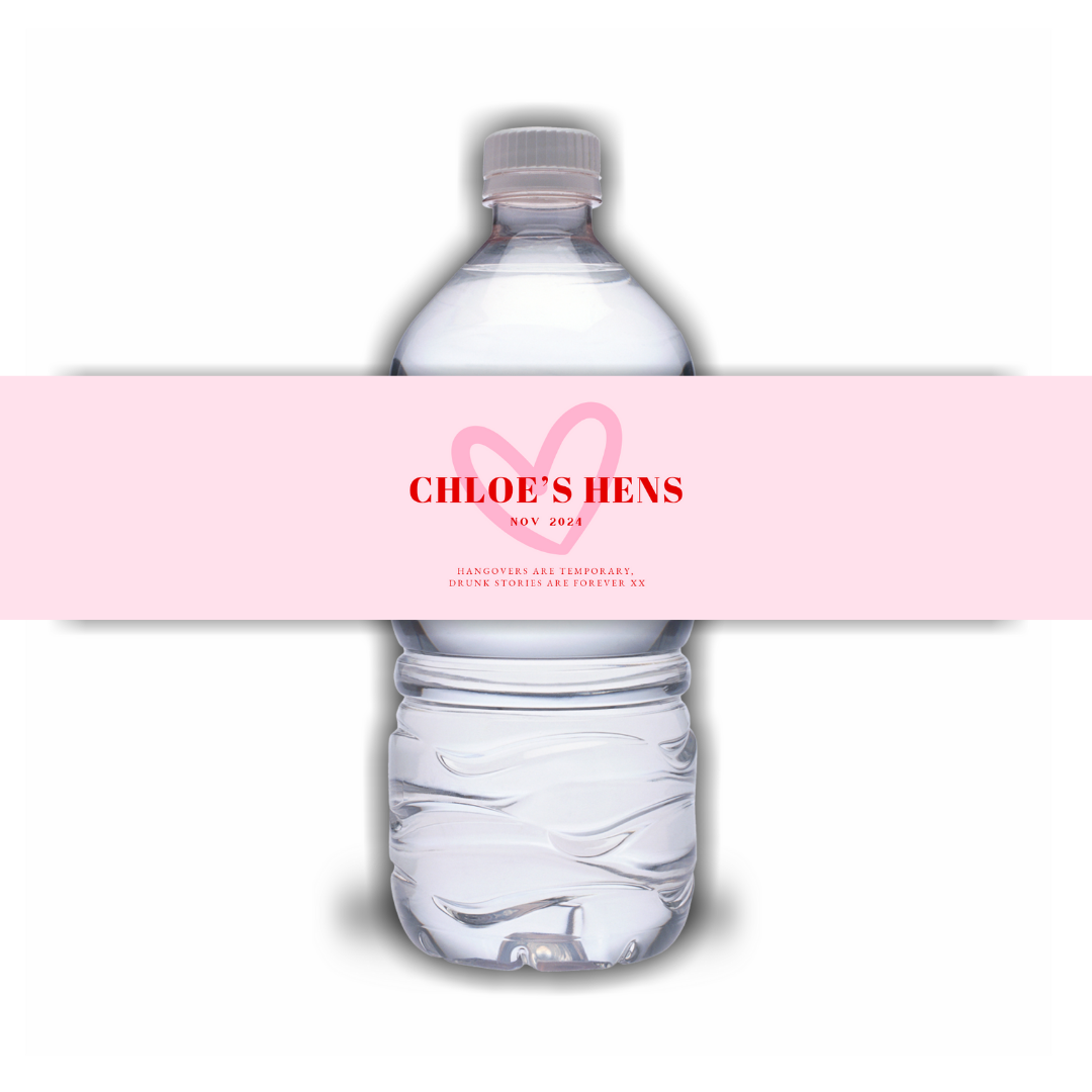 Red Pink Heart Hen Party Water Bottle Labels | Hen Do Stickers | Hen Party Water Labels