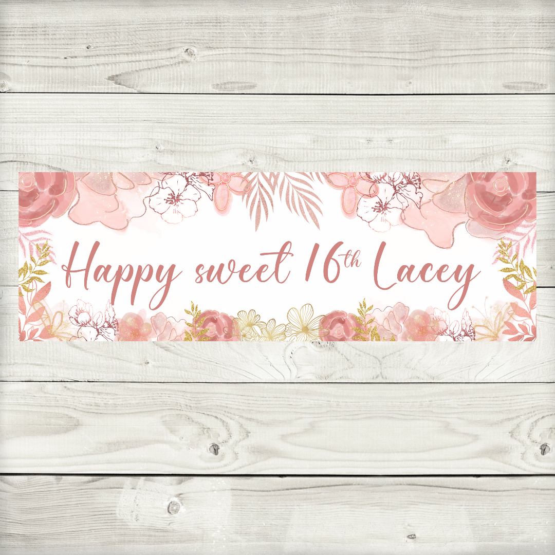 Blush Pink Gold Floral Banner | Personalised Blush Pink Gold Floral Birthday, Baby Shower, Christening Party Banner | Blush Pink Gold Floral Party Theme