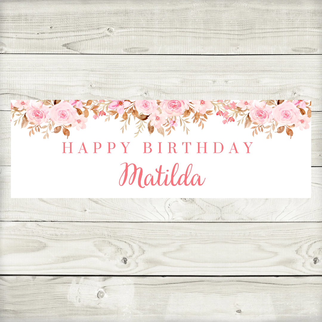 Pink Floral Banner | Personalised Pink Floral Birthday, Baby Shower, Christening Party Banner | Pink Floral Party Theme