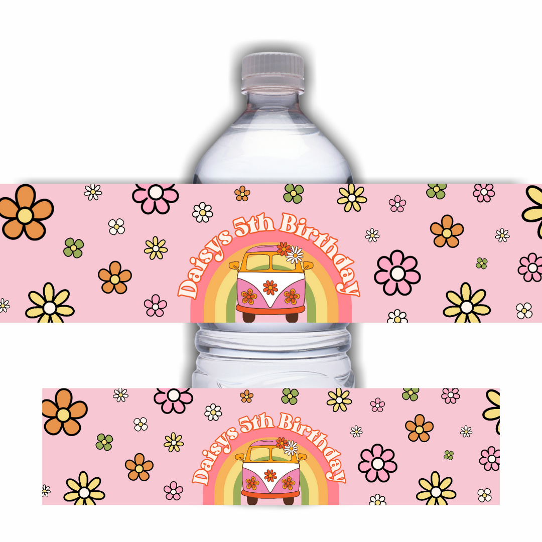 Juice Bottle Labels | Flower Power Label Stickers | Water Bottle Stickers | Flower Power Party | Party Stickers | Design 1