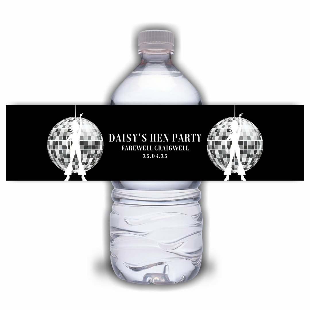 Black Disco Design | Water Bottle Labels | Standard Size Water Bottle Labels | Fit 500ml Bottles | Waterproof Labels | Hen Party, Birthday Party