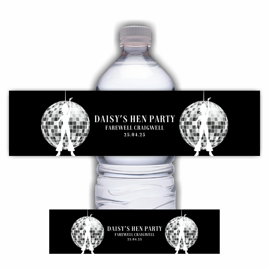 Black Disco Design | Water Bottle Labels | Standard Size Water Bottle Labels | Fit 500ml Bottles | Waterproof Labels | Hen Party, Birthday Party