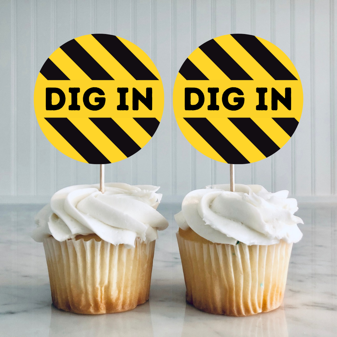 Yellow Black Construction Cupcake Toppers | Dig In Birthday Cupcake Toppers | Party Decorations