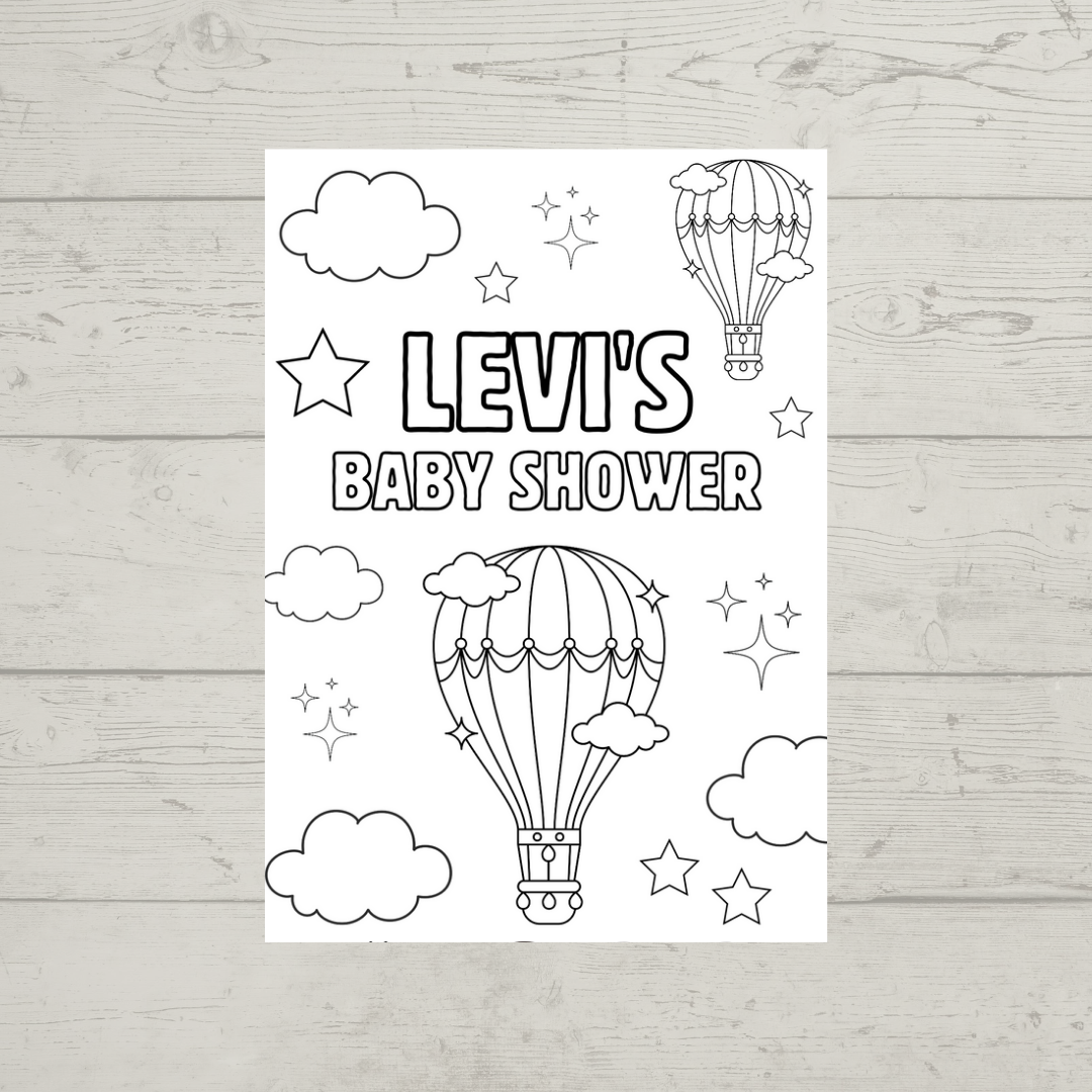 A6 Colouring Sheets | Personalised Baby Shower Hot Air Balloon Colouring Sheets | Party Favours