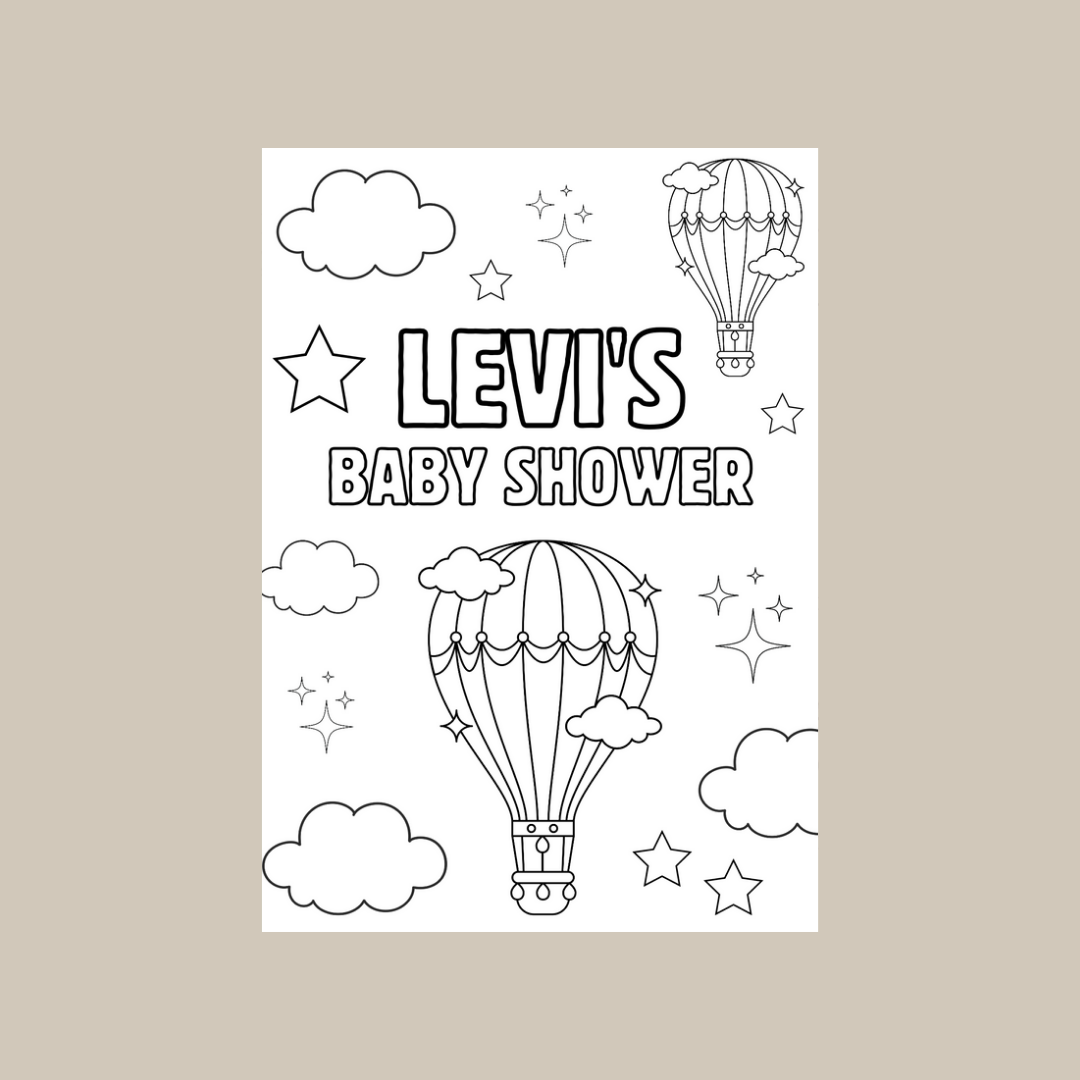 A6 Colouring Sheets | Personalised Baby Shower Hot Air Balloon Colouring Sheets | Party Favours