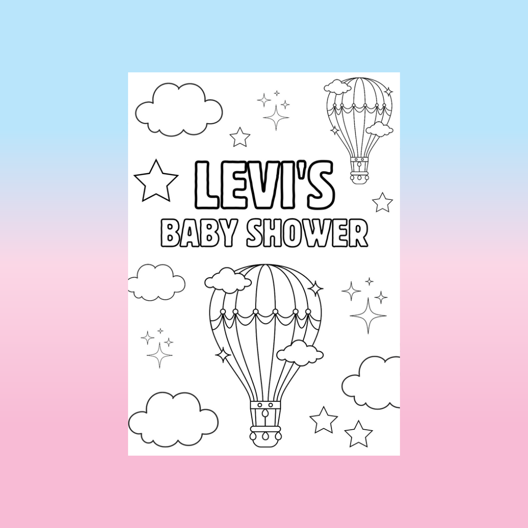 A6 Colouring Sheets | Personalised Baby Shower Hot Air Balloon Colouring Sheets | Party Favours