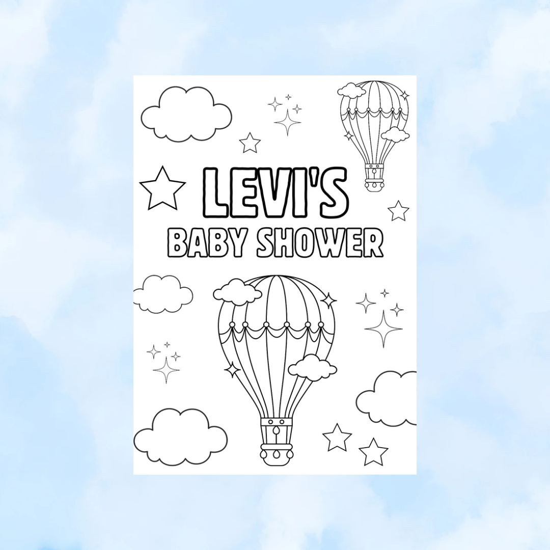 A6 Colouring Sheets | Personalised Baby Shower Hot Air Balloon Colouring Sheets | Party Favours