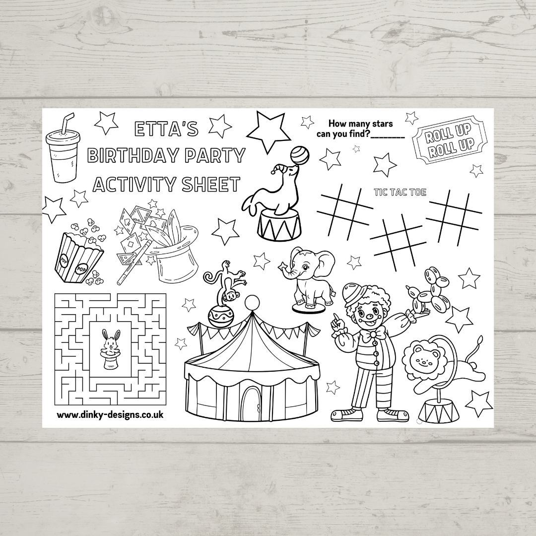 A4 Colouring Activity Sheets | Personalised Circus Activity Sheets | Party Bag Favours | Party Placemats