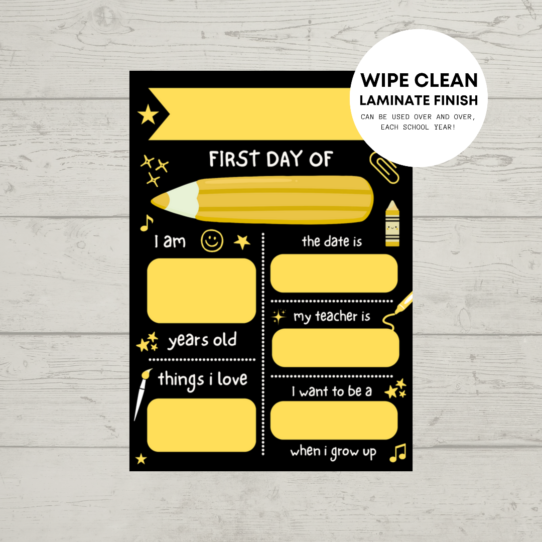 Children's Yellow Print | First Day Of School Photo Prop | Laminated Keepsake