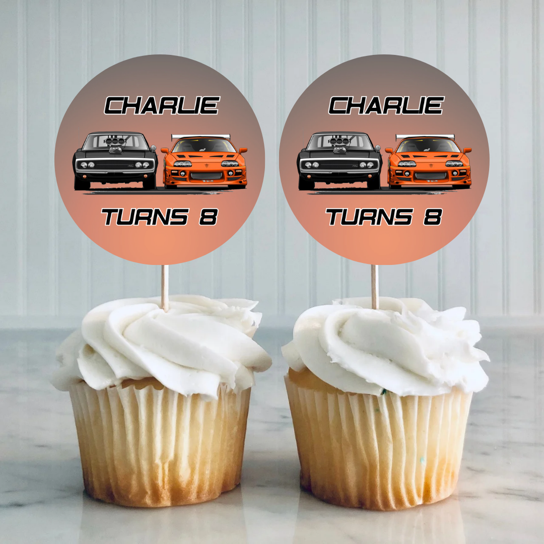Black Orange Car Party Cupcake Toppers | Car Birthday Cupcake Toppers | Party Decorations