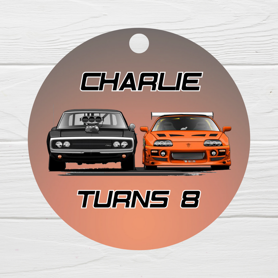 Black Orange Race Car Gift Tags | Car Party Gift Tags | Circle Gift Tags