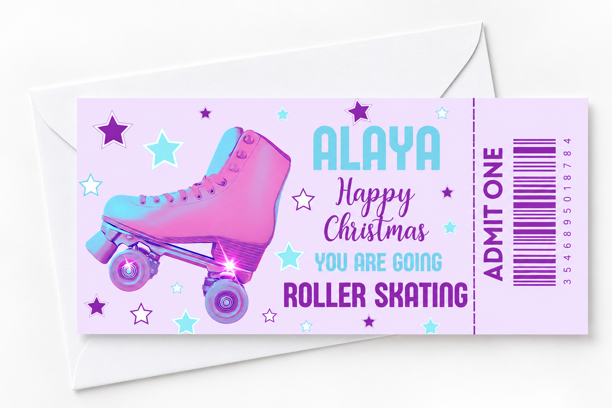 Surprise Ticket Print | Personalised Purple & Blue Roller Skating Ticket Pass Voucher Membership | Gift Idea - Dinky Designs