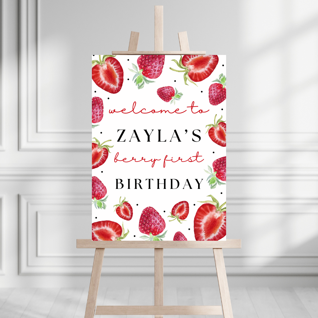 Strawberry Welcome Board Sign | Personalised Strawberry Birthday Party Board | Party Sign | A4, A3, A2